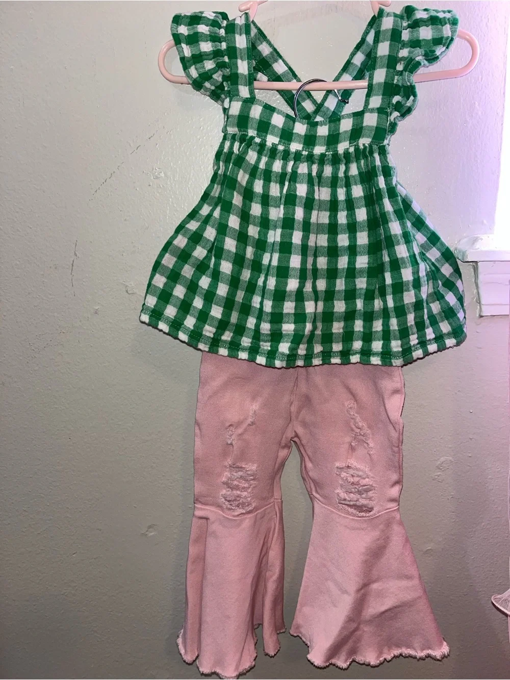 Kids Pink Flared Jeans with Green Gingham Top